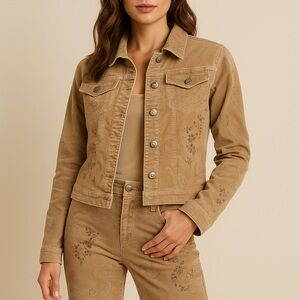 Boutique Embroidered Corduroy Tan Jacket and Pants Set